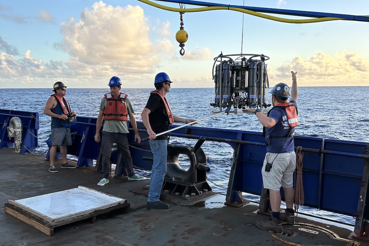 Four men stand at a blue railing, lowering scientific equipment into the ocean.