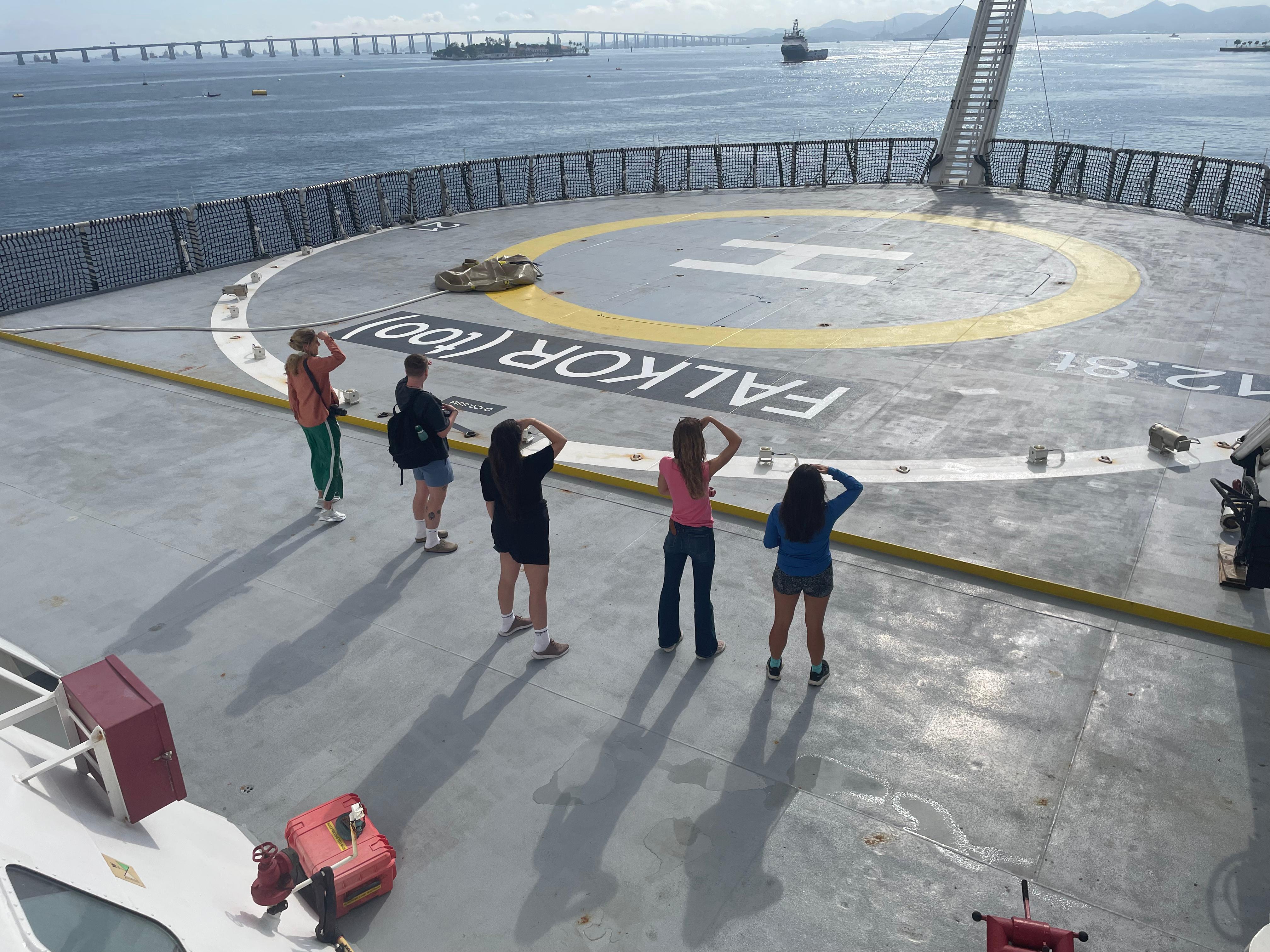 Science team on heli deck departing Rio de Janeiro